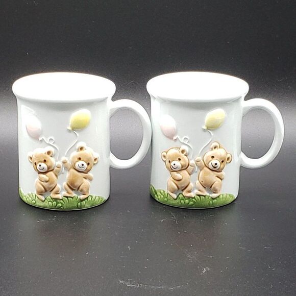 Norcrest Japan Powder Blue 3D Teddy Bear Balloons Mugs & Lidded Trinket Jar Set - Picture 10 of 16